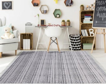 10x14  Handmade Indian Rug, Cotton Flatweave Boho Area Rug for Housewarming/ Office White Black Kilim, Sizes 10X14 ft Up to 10x20 Feet.