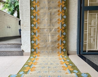 May include: A beige and green woven runner rug with a floral pattern. The rug has a green border with yellow and blue flower designs. The rug is rolled up at the bottom, showing the pattern and texture.