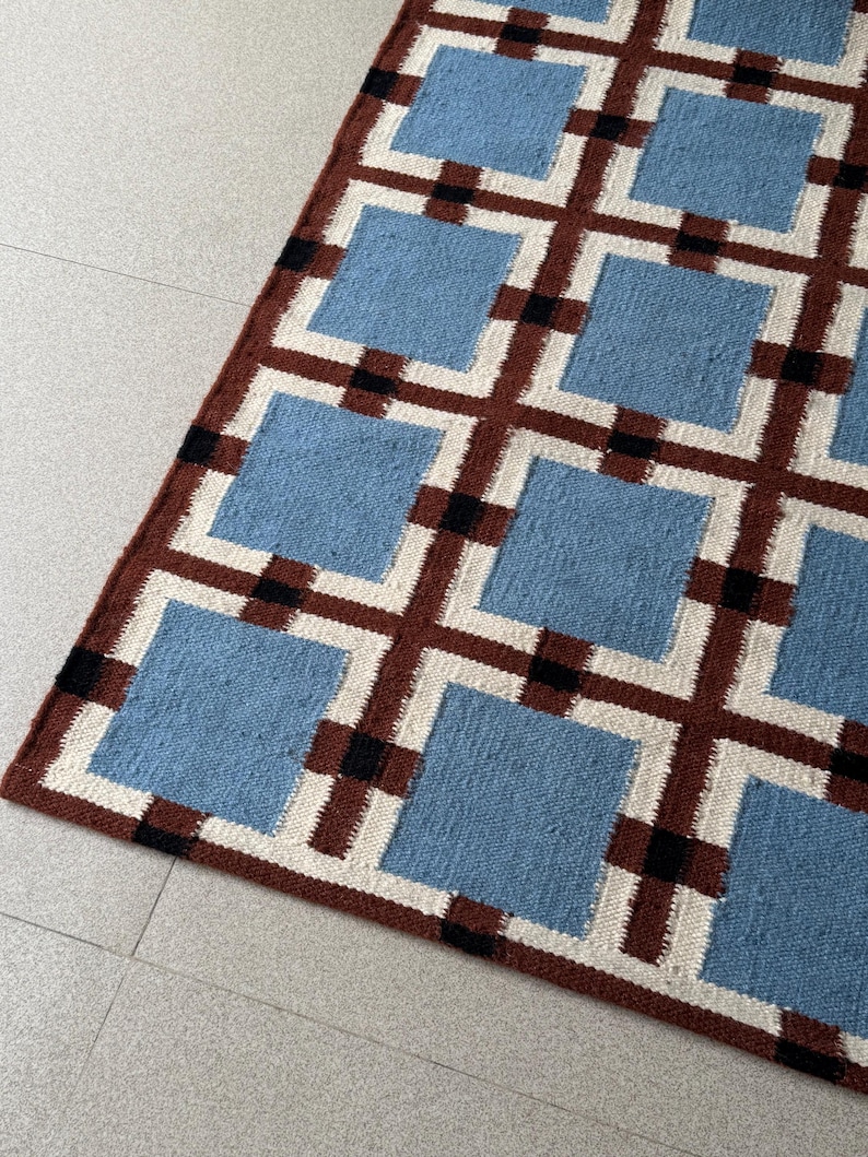 Wool Runner Rug for Stairs | Geometric Checkered Kilim | Mid-century ...