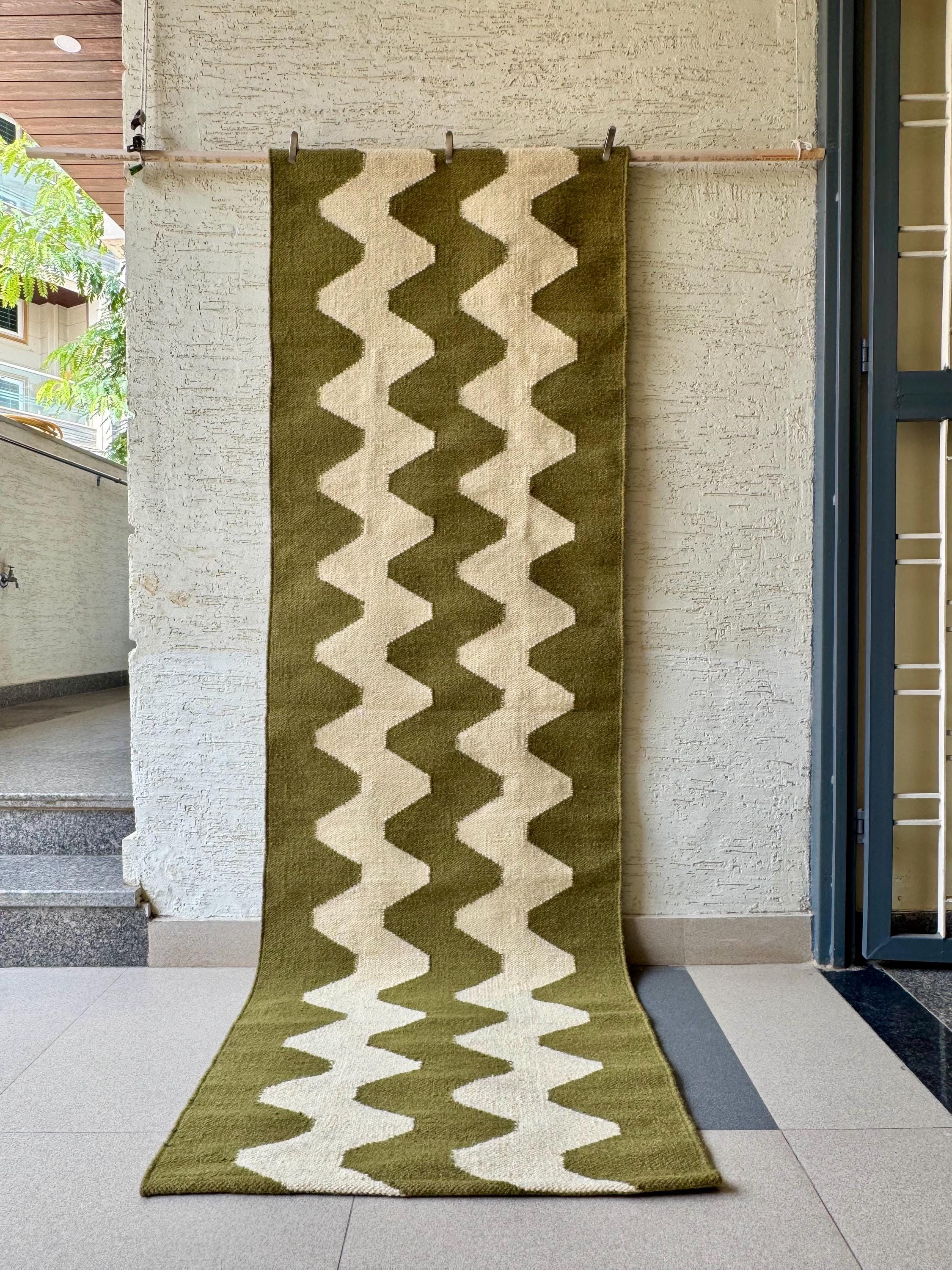 Olive Green Wool Runner Rug for Stairs | Handwoven Kilim for Entryway, Corridor, Bedside, Kitchen, Office | Custom Size | Earthy Tones