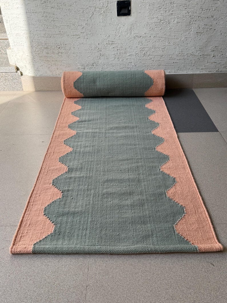 Wool Stairs Runner| Dusty Blue & Blush Pink Geometric Runner Rug ...