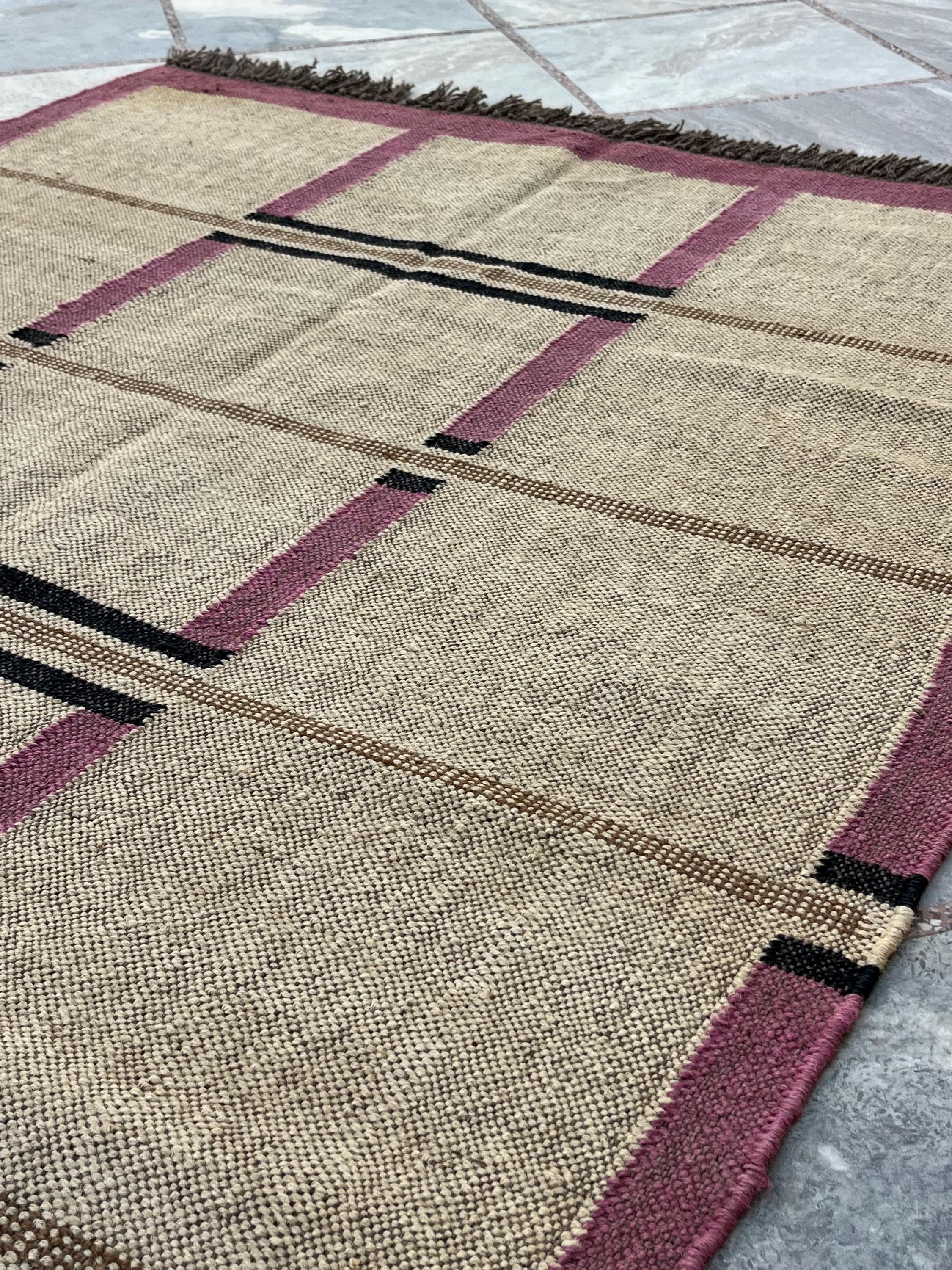 3x5, 4x6, 5x7 Handmade Wool Jute Kilim - Striped Pattern Rug, Minimalist Kilim for Modern Decor, Flatweave Dhurrie Rug, Handwoven Area Rug