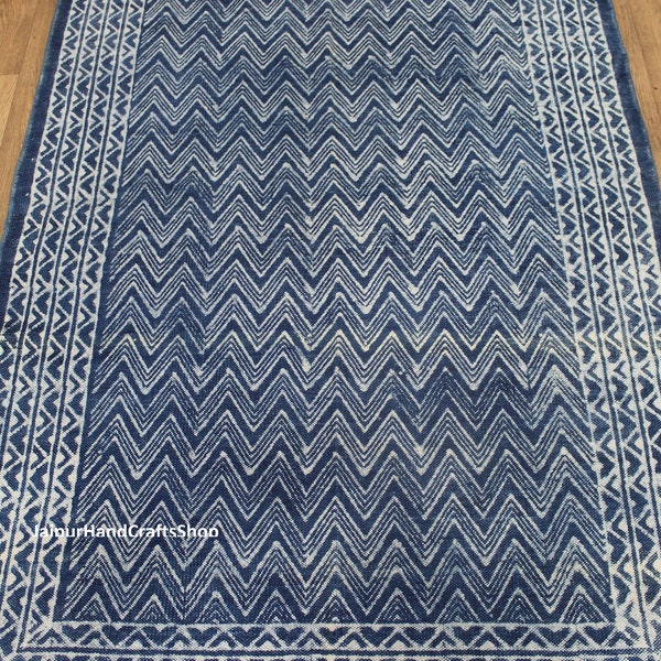 3x5 Ft  and other sizes Indigo Block Print Indian Blue and White Cotton Area Rug, Rustic Rug for kitchen/ Entryway/ Bedroom/ Yoga etc.