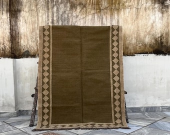 Olive Green Handwoven Kilim, Muted & Neutral Color Kilim | Bordered Design Kilim | Solid Flat-Weave | Navajo Decor | Turkish Boho Chic