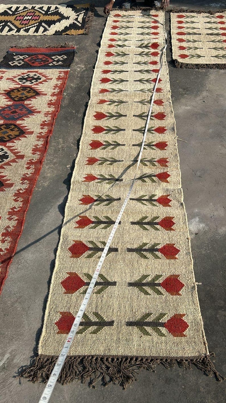 Wool Jute Runner Rug for Stairs, Handwoven Runner Rug, Kilim Runner Rug Entryway | Hallway | kitchen, Bedside Runner Rug, Tribal Pattern image 1