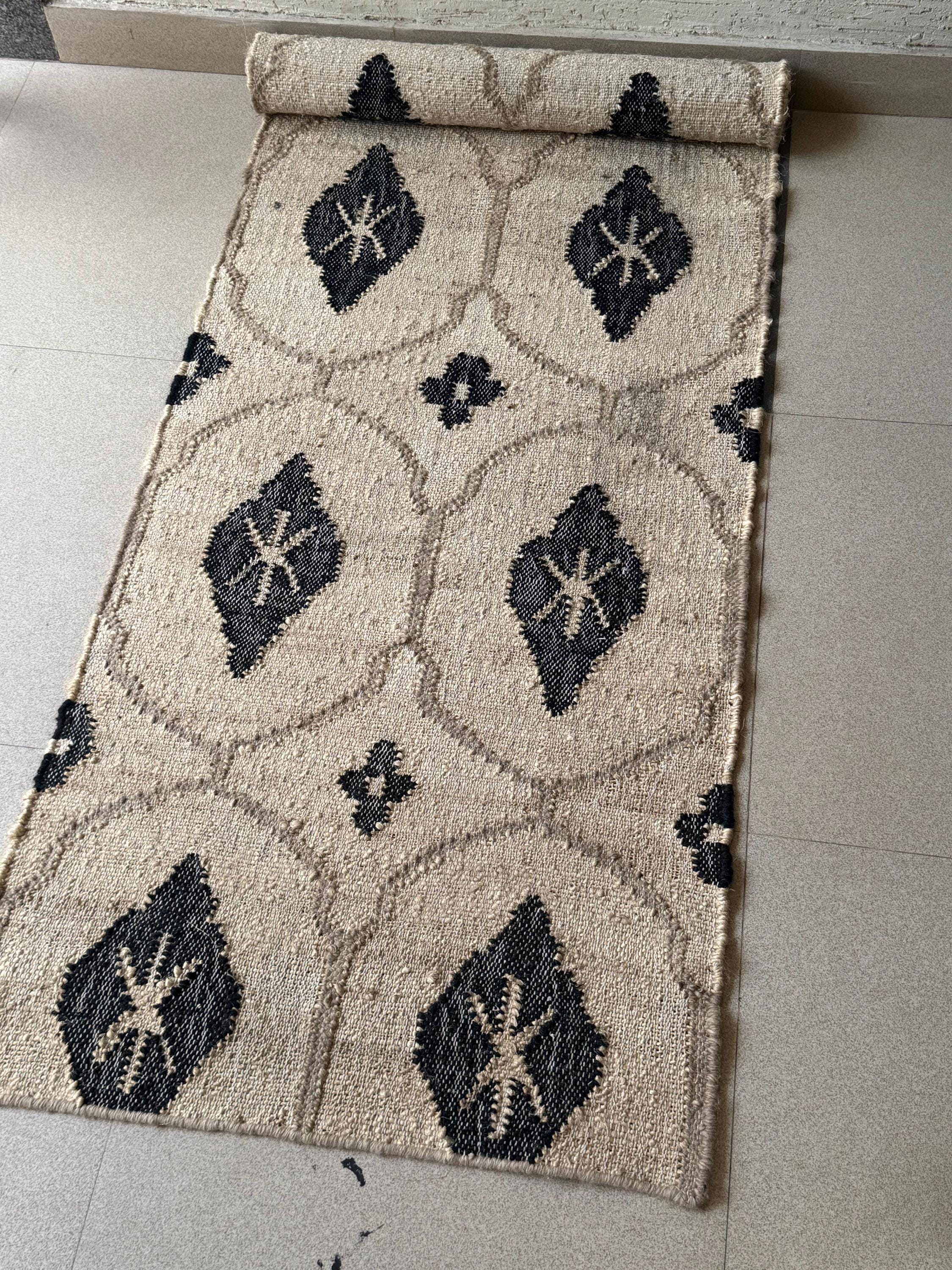 Earthy Fun Runner Rug Earthy Hemp Cotton Runner Rug | Beige Black Geometric Pattern | Boho ...