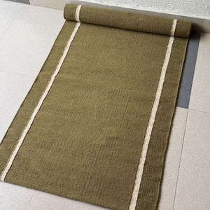 Custom Length Wool Rug | Wool Hall Rug | Cozy Narrow Wool Carpet | Long Green Kilim Runner | Boho Minimalist Wool Rug | Organic Material Stair Rug | Natural Texture Rug | Calm Green Kilim Rug | Pet Friendly Wool Runner | Durable Staircase Kilim | Versatile Wool Rug | Earth Color Runner Carpet | Sustainable Handmade Rug