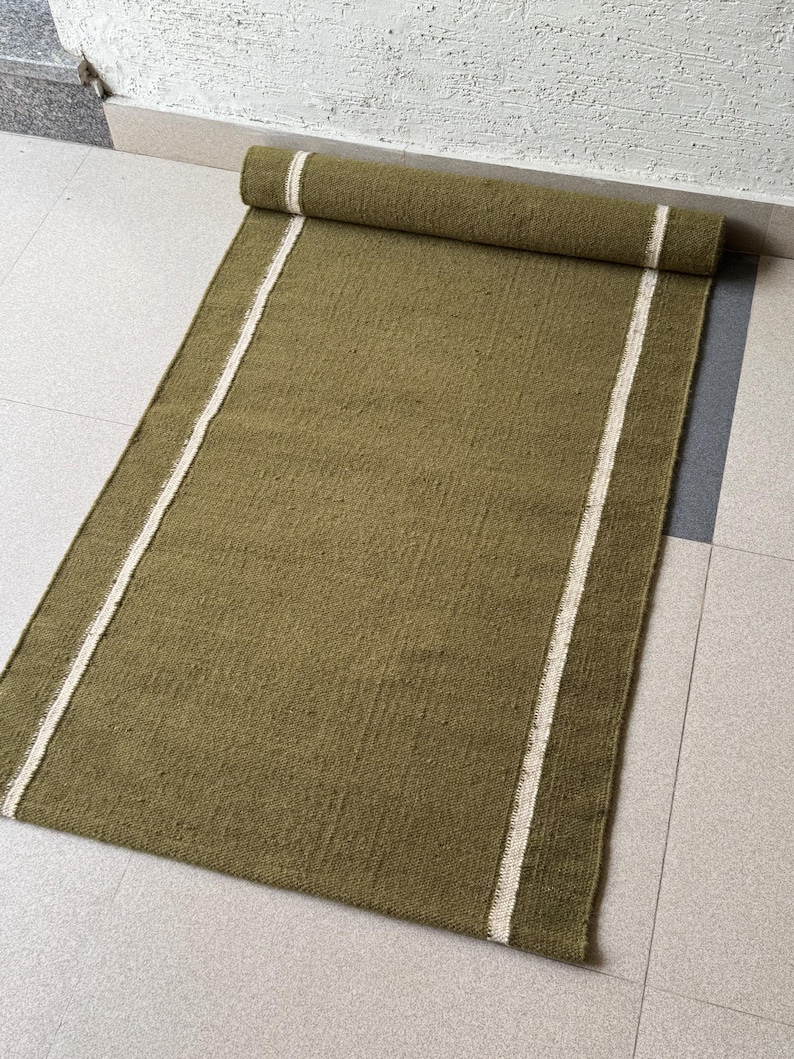Custom Length Wool Rug | Wool Hall Rug | Cozy Narrow Wool Carpet | Long Green Kilim Runner | Boho Minimalist Wool Rug | Organic Material Stair Rug | Natural Texture Rug | Calm Green Kilim Rug | Pet Friendly Wool Runner | Durable Staircase Kilim | Versatile Wool Rug | Earth Color Runner Carpet | Sustainable Handmade Rug