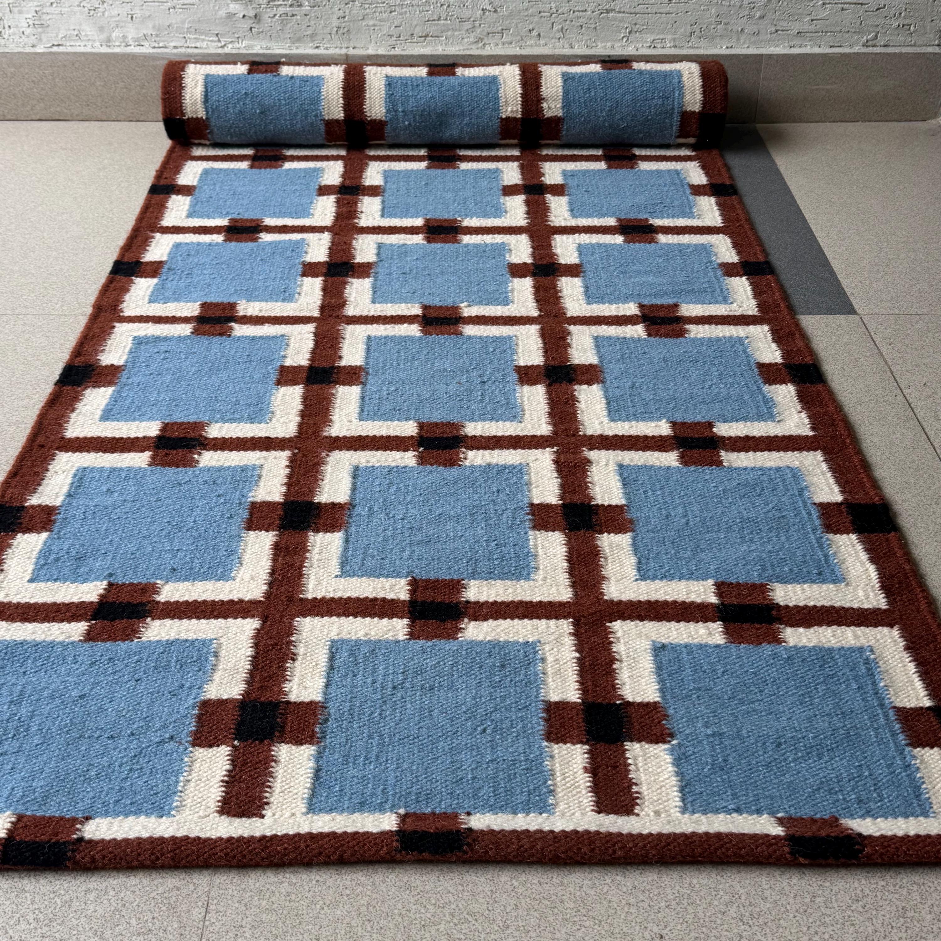 Wool Runner Rug for Stairs | Geometric Checkered Kilim | Mid-century ...