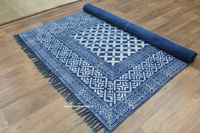 4X6, 4X15, 4X25 Indigo Hand Woven Blue Handmade Cotton Block Print Rug ...