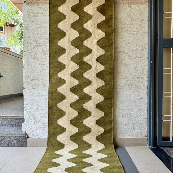 Olive Green Wool Runner Rug for Stairs | Handwoven Kilim for Entryway, Corridor, Bedside, Kitchen, Office | Custom Size | Earthy Tones
