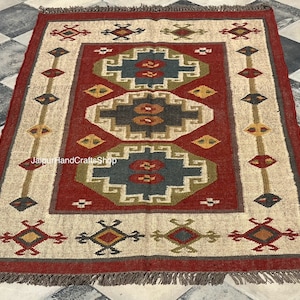3x5, 4x6, 6x9, 8x10, Etc. Handwoven Indian Wool Jute Rug, Navajo kilim Rug, Yoga Rug, Outdoor/ Indoor Rug, Kids/ Nursery Etc. Décor Rug.