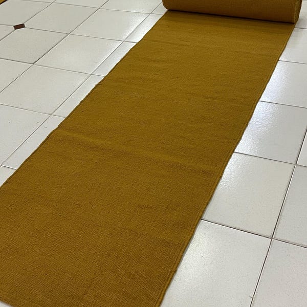 Earthy Mustard Tone Staircase Runner Rug - Handwoven Wool Kilim, Solid & Eco-Friendly, Perfect for Entryway, Hallway, Bedside, Floor Décor