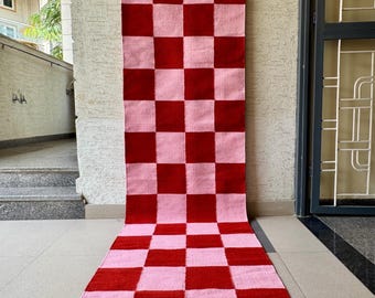 Red Pink Wool Runner Rug for Stairs | Handwoven Checkered Design | Eco-Friendly, Sustainable Kilim | Modern Decor | Custom Size Available