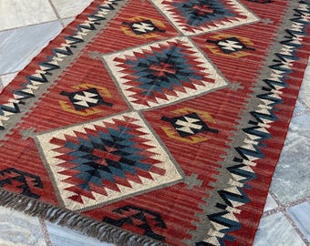 Red Blue Grey Bohemian Moroccan Rug - Handwoven, Boho Scandinavian Decor, Bohemian Inspired, Perfect for Living Room, Bedroom & More