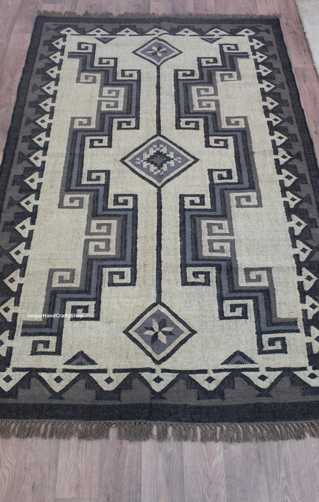 12x15 Ft and Other Sizes Hand Woven Black and Green Wool Jute Flatweave