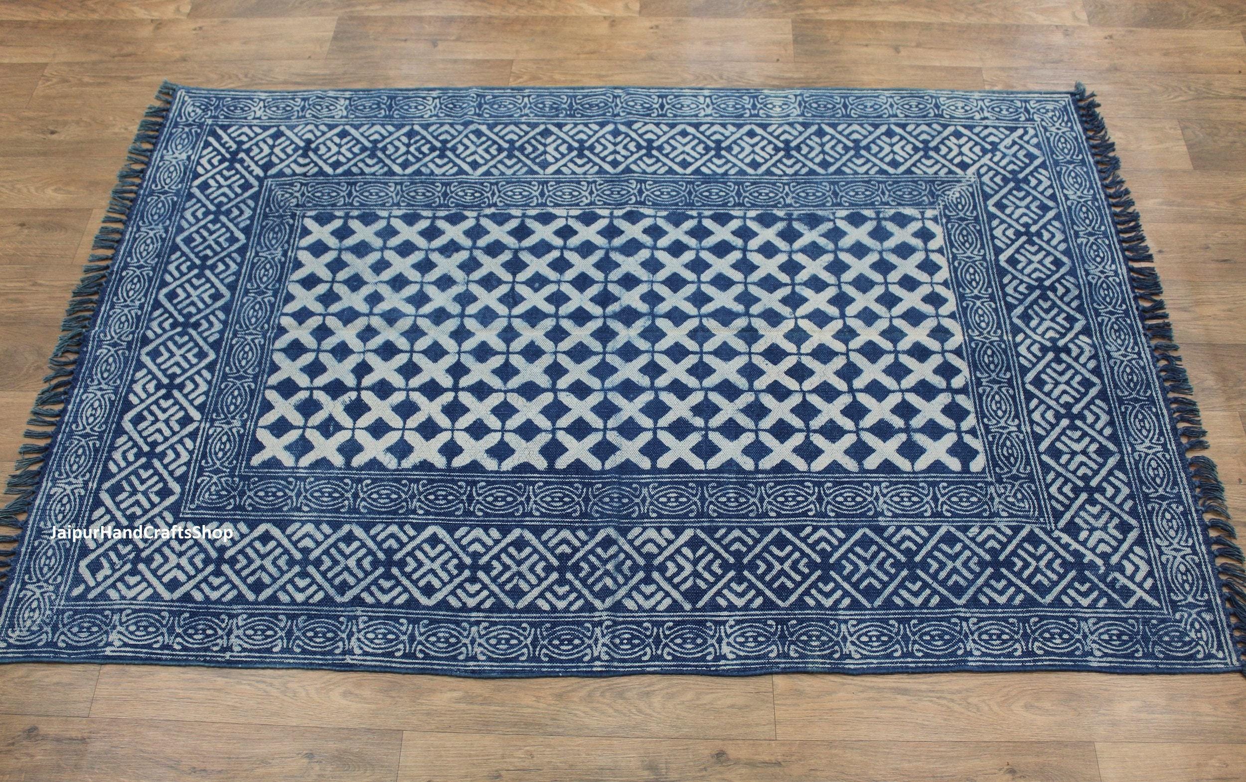 4X6, 4X15, 4X25 Indigo Hand Woven Blue Handmade Cotton Block Print Rug ...