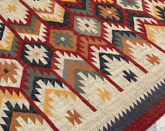 Large Turkish Area Rug for Bedroom, Living Room, Kitchen, Dining Area - Handmade Geometric Kilim, Bohemian & Navajo Decor, Boho Chic Style