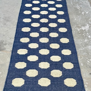 Puede incluir: Una alfombra de pasillo azul marino con un patrón repetido de grandes octágonos blanquecinos. La alfombra está enrollada en un extremo, mostrando su textura y diseño. La alfombra está hecha de un material tejido.