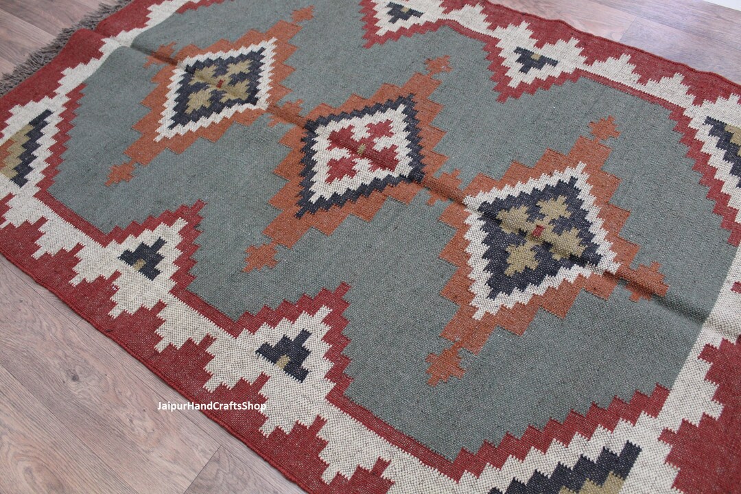 9x12, 9x13, 9x15 Handmade Wool Jute Rug, Navajo Kilim Rug, Green Red