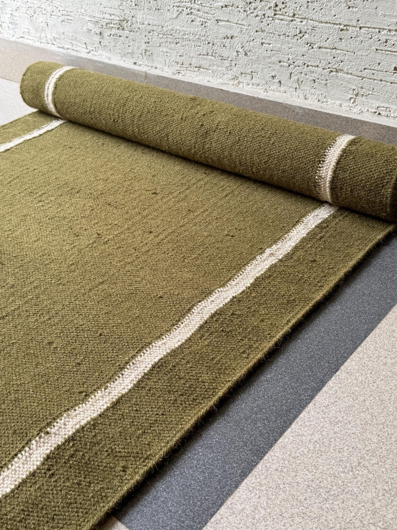 Custom Length Wool Rug | Wool Hall Rug | Cozy Narrow Wool Carpet | Long Green Kilim Runner | Boho Minimalist Wool Rug | Organic Material Stair Rug | Natural Texture Rug | Calm Green Kilim Rug | Pet Friendly Wool Runner | Durable Staircase Kilim | Versatile Wool Rug | Earth Color Runner Carpet | Sustainable Handmade Rug