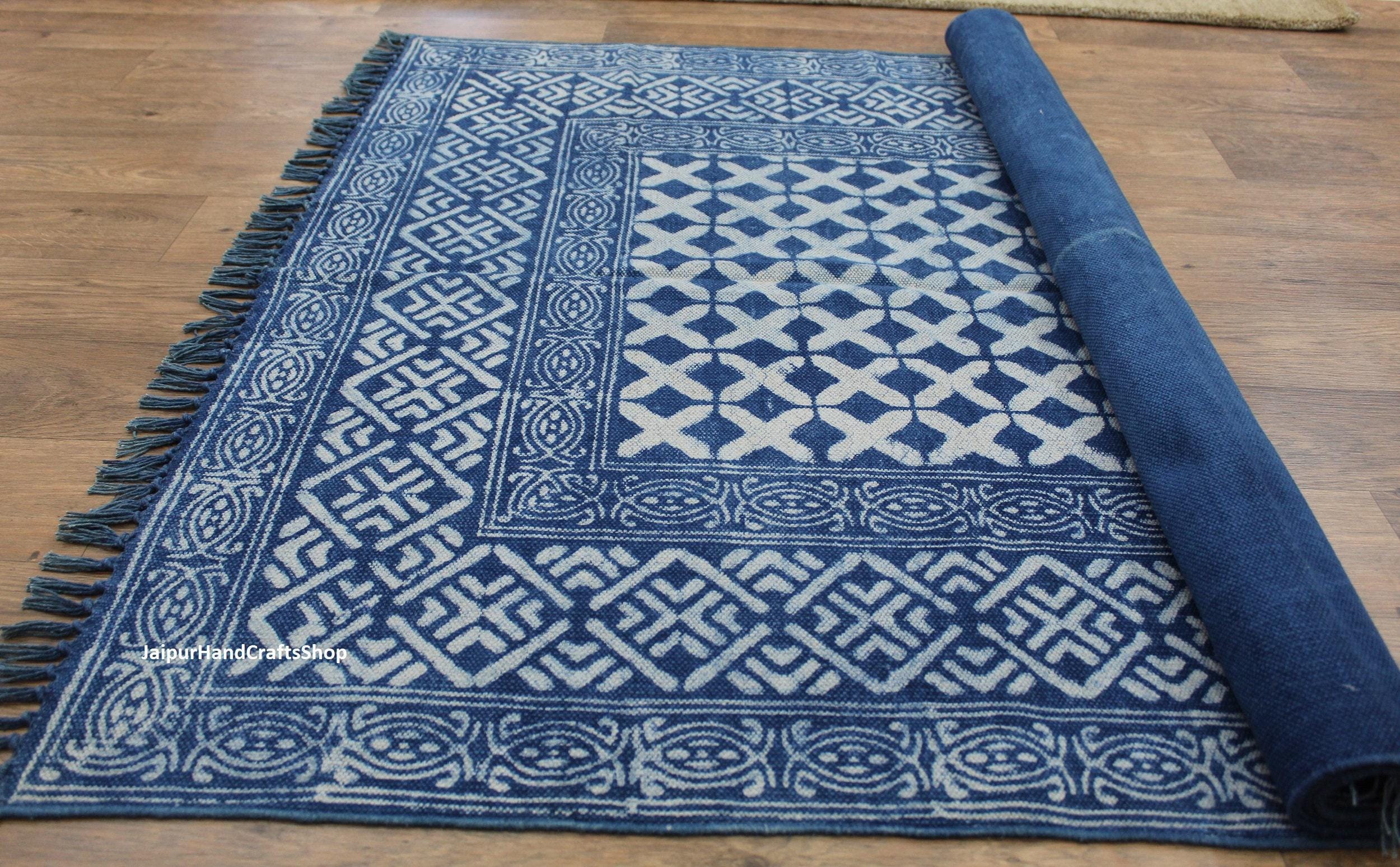 4X6, 4X15, 4X25 Indigo Hand Woven Blue Handmade Cotton Block Print Rug ...