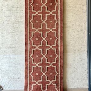 Wollen jute loper voor trappen, handgeweven loper, kelimloper vloerkleed entree | Gang | keuken, nachtkastje loper, stammenpatroon afbeelding 2