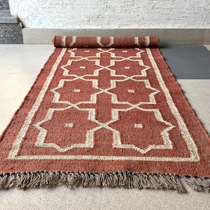 Wollen jute loper voor trappen, handgeweven loper, kelimloper vloerkleed entree | Gang | keuken, nachtkastje loper, stammenpatroon afbeelding 4