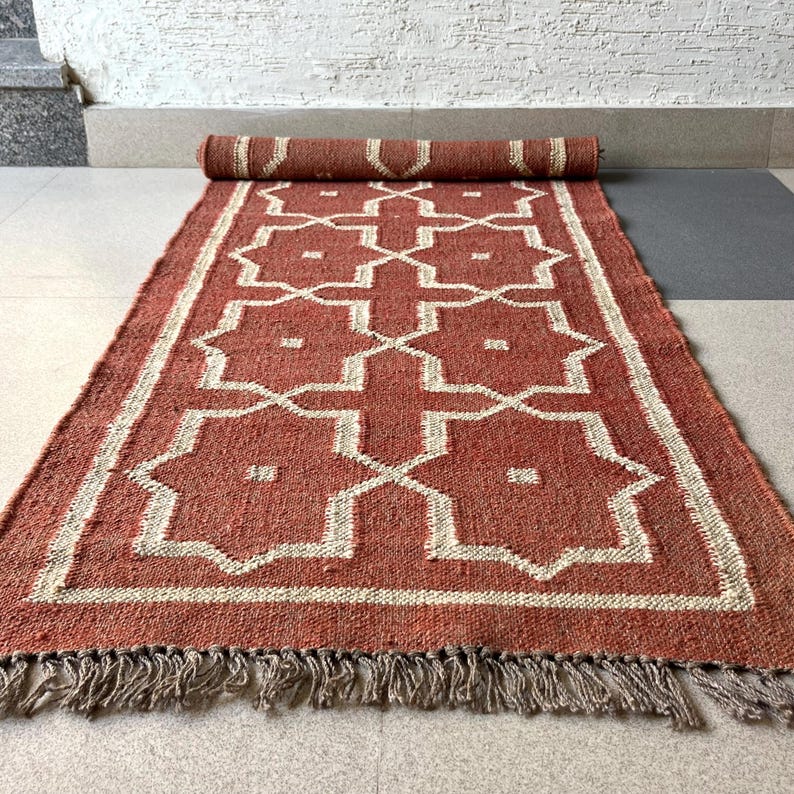 Wollen jute loper voor trappen, handgeweven loper, kelimloper vloerkleed entree | Gang | keuken, nachtkastje loper, stammenpatroon afbeelding 4