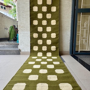 Teppich Läufer - Handgewebter Kelim-Läufer aus reiner olivgrüner Wolle, umweltfreundlich, perfekt für Eingangsbereich, Flur, Nachttisch, Bodendekor