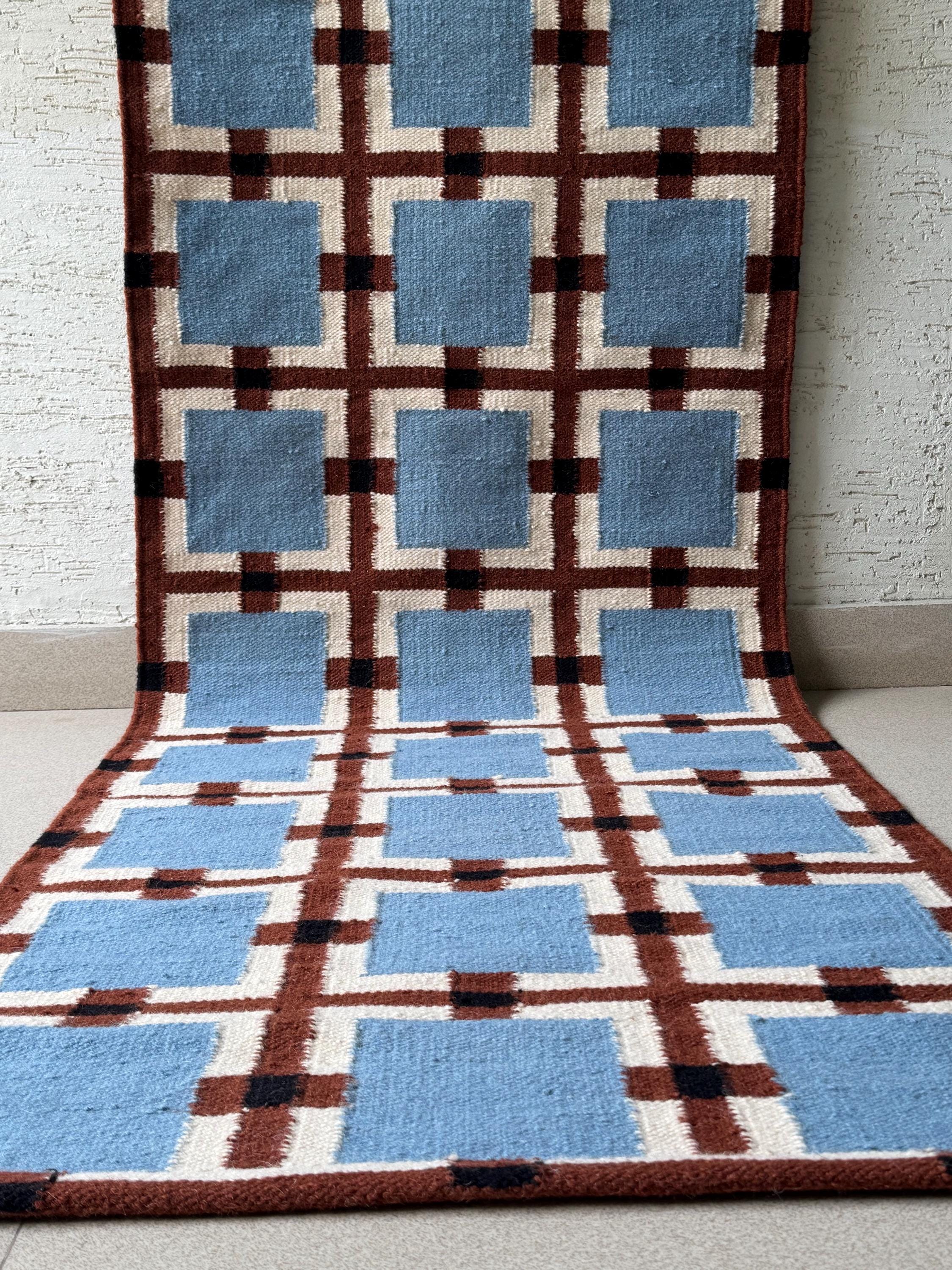Wool Runner Rug for Stairs | Geometric Checkered Kilim | Mid-century ...