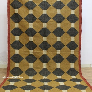 4x6 Feet Handmade Wool Jute Rug, Navajo kilim Rug, Black Gold Flatweave Rug, Dining Room Rug/ Outdoor/ Garden/ Nursery etc. dhurrie.