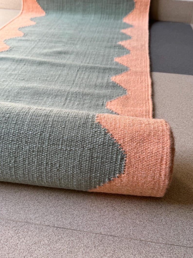 Wool Stairs Runner| Dusty Blue & Blush Pink Geometric Runner Rug ...