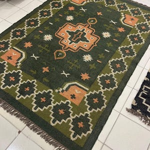 Handwoven Green Navajo Kilim Rug, 4x6 5x7 6x9 8x10 9x12 Wool Jute Kilim Rug for Bedroom | Dining Room | Living Area etc. Eco-Friendly Kilim