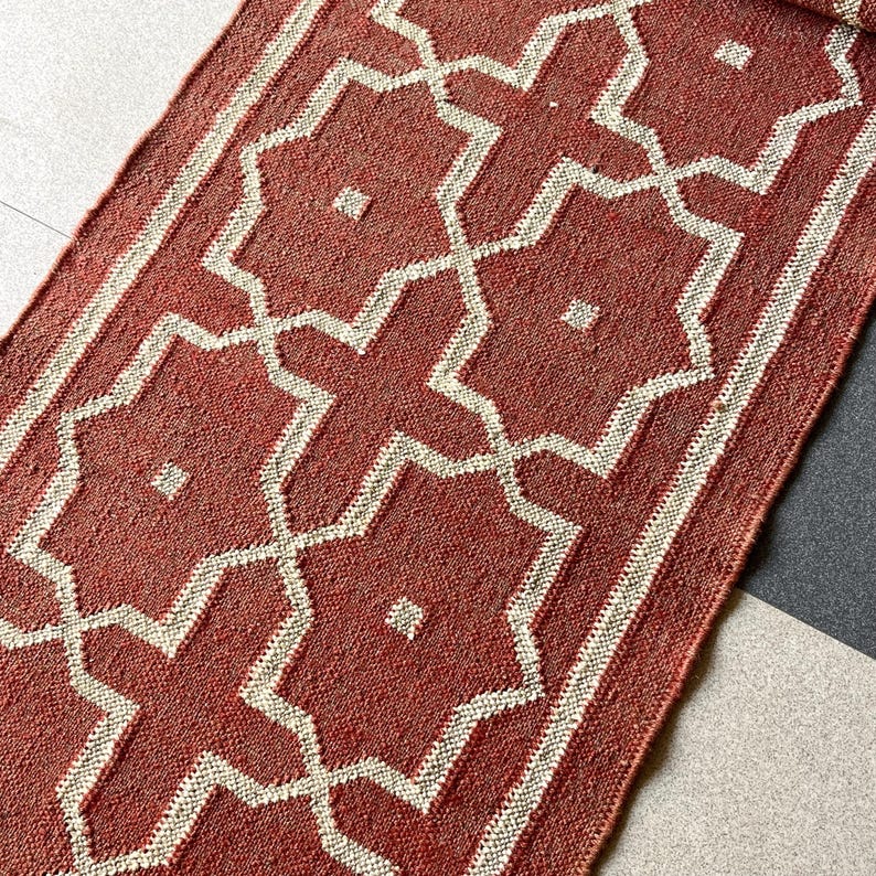 Wollen jute loper voor trappen, handgeweven loper, kelimloper vloerkleed entree | Gang | keuken, nachtkastje loper, stammenpatroon afbeelding 7