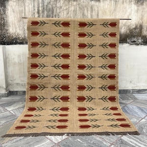 Handmade Area Rug for Bedroom | Living Room | Dining Room | Office | Nursery | Yoga | Garden, Eco - Friendly Wool Jute Kilim Rug, Home Decor