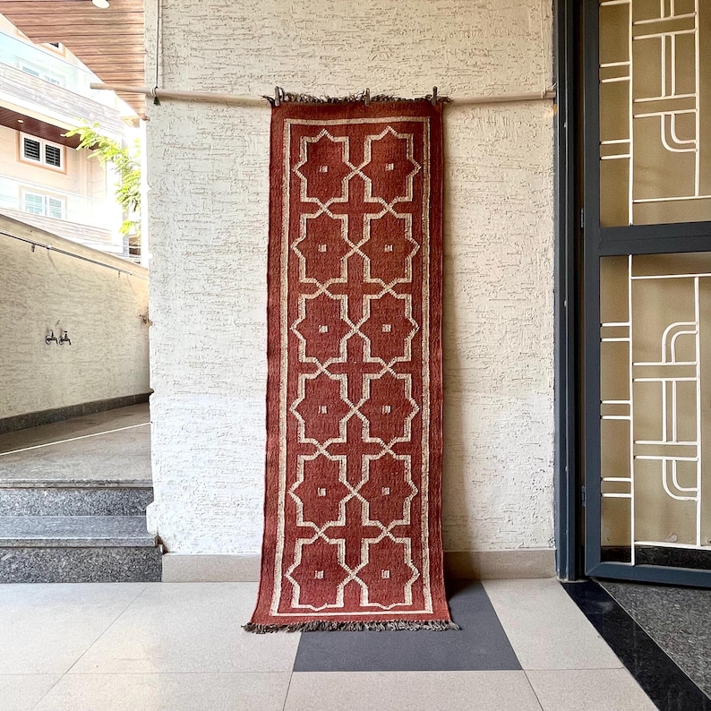 Wollen jute loper voor trappen, handgeweven loper, kelimloper vloerkleed entree | Gang | keuken, nachtkastje loper, stammenpatroon afbeelding 1
