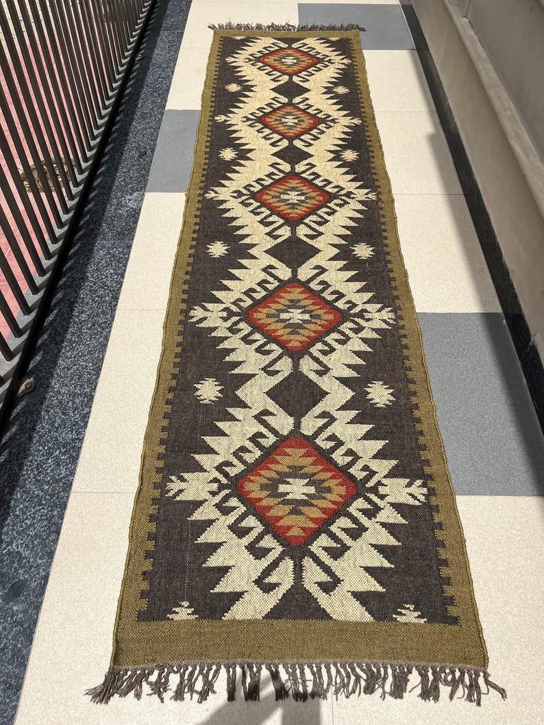 Multi Sizes Runner rug for stairs, Handwoven Geometric Indian Rug, Kilim Runner Rug for Entryway | Hallway | kitchen | Bedside image 9