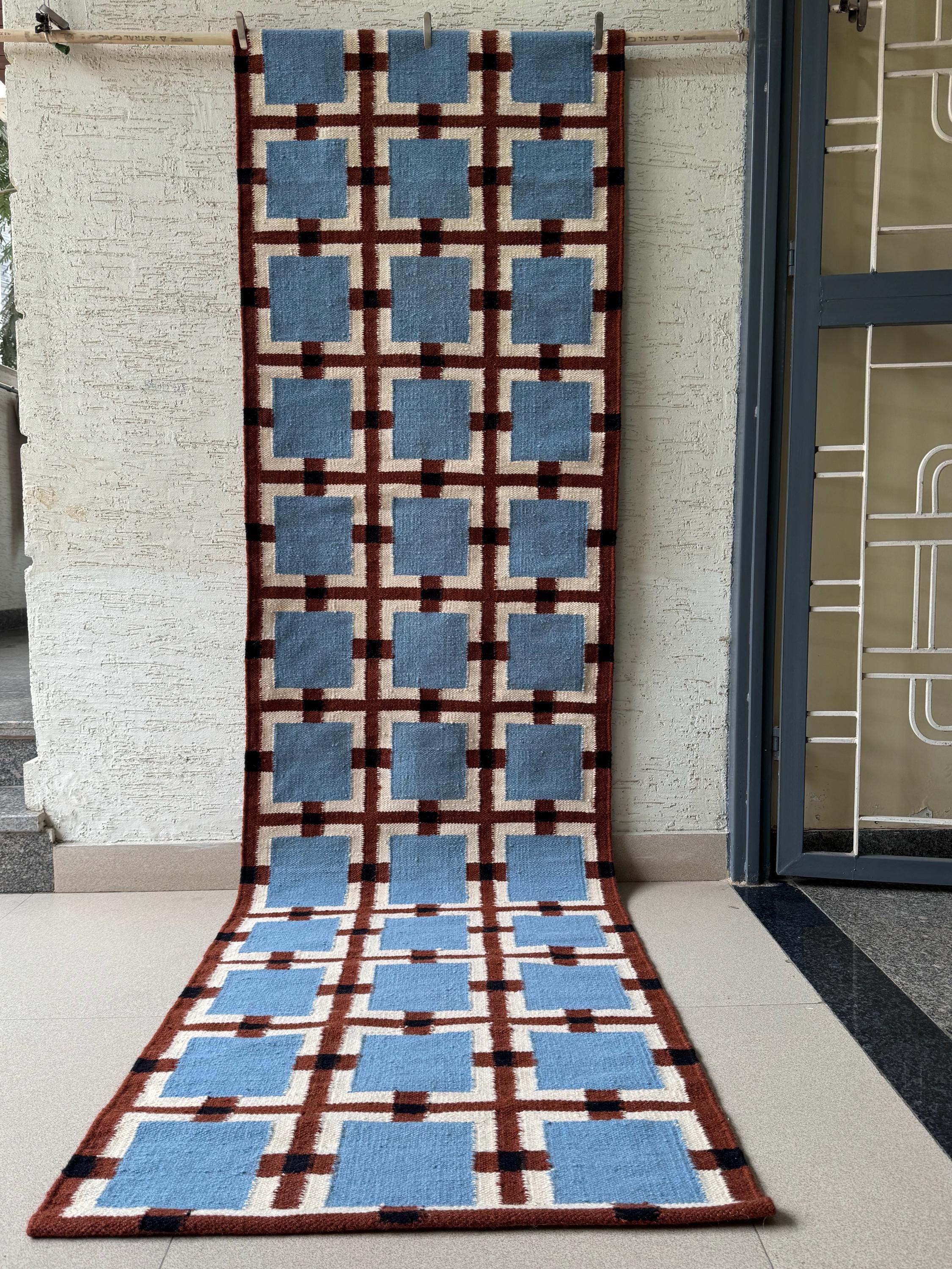 Wool Runner Rug for Stairs | Geometric Checkered Kilim | Mid-century ...