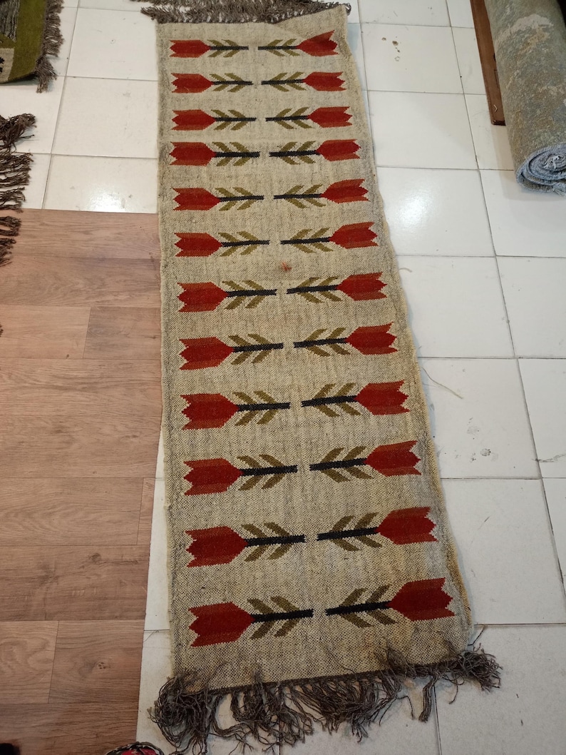 Wool Jute Runner Rug for Stairs, Handwoven Runner Rug, Kilim Runner Rug Entryway | Hallway | kitchen, Bedside Runner Rug, Tribal Pattern image 2