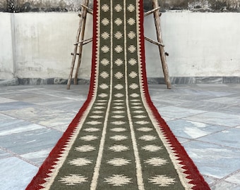Earthy Tone Olive Green Staircase Runner Rug - Handwoven Jute Kilim, Striped & Navajo, Ideal for Entryway, Hallway, Bedside Boho-Chic