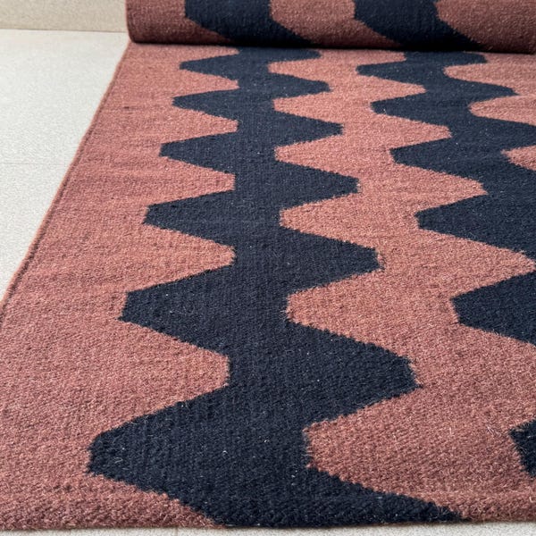 Modern Wool Runner Rug for Stairs | Brown & Black Handwoven Eco-Friendly Kilim | Bedside, Kitchen, Entryway, Hallway, Corridor Runner
