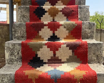 Tappeto decorativo natalizio rosso - Tappeto Kilim colorato per scale, tappeto fatto a mano, ingresso/corridoio/cucina/comodaletto/tappeto marocchino