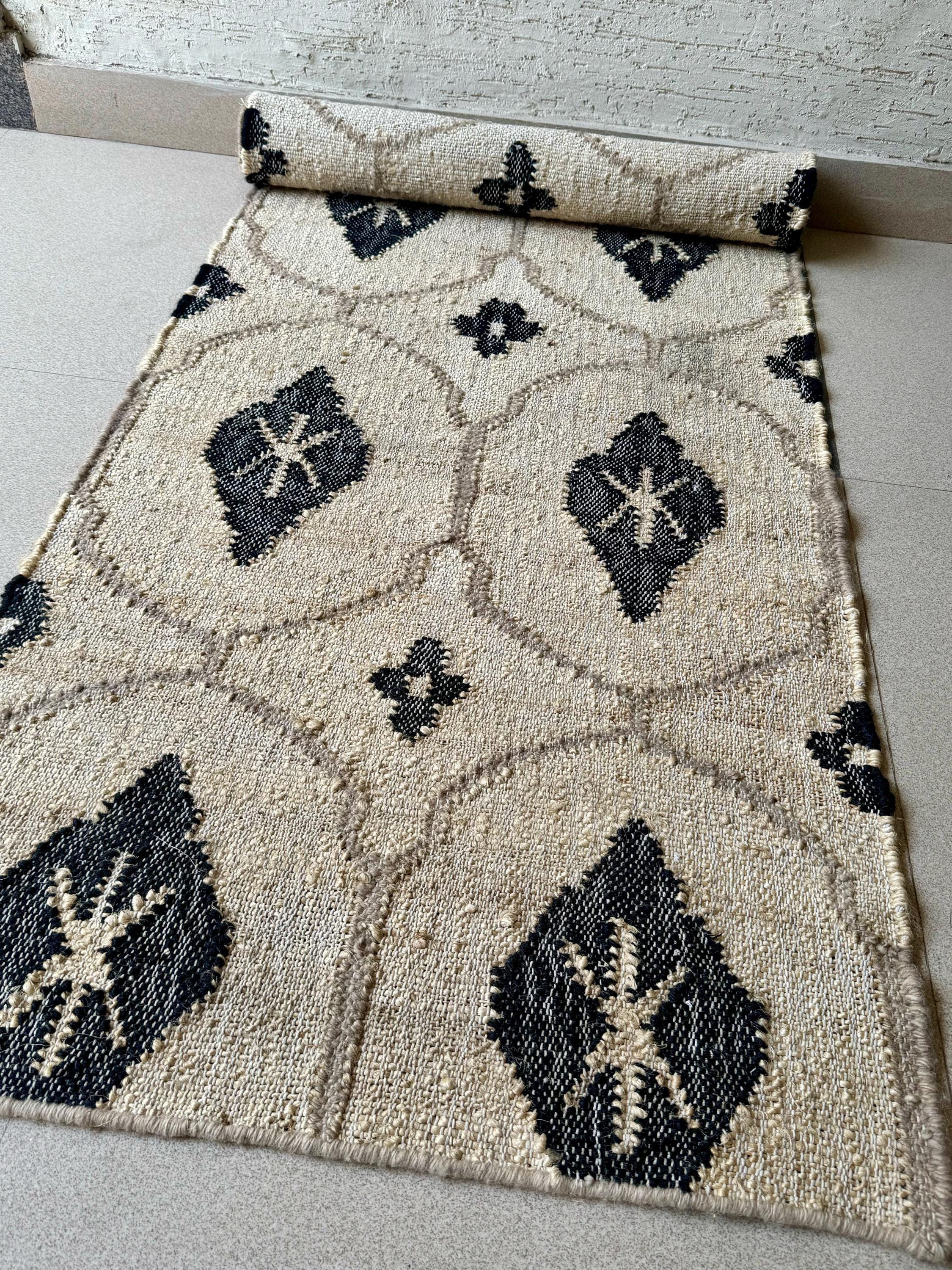 Earthy Fun Runner Rug Earthy Hemp Cotton Runner Rug | Beige Black Geometric Pattern | Boho ...