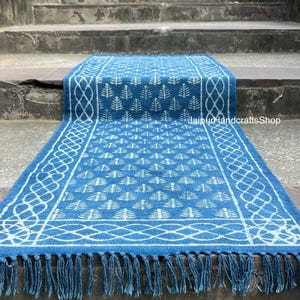 Hand Woven Hand Floral Design Long Runner Rug, Indigo Blue Kilim Runner, Narrow Kilim Rug Runner, Indian Rug Runner, Stairs Decor, Hallway