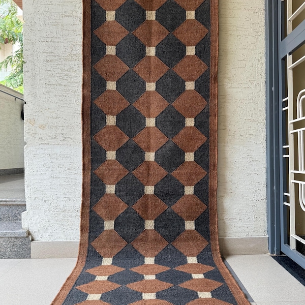 Multi Sizes Runner Rug for Stairs | Handwoven Geometric Indian Kilim | Eco-Friendly & Sustainable | Kitchen, Bedside, Hallway, Entry, Custom