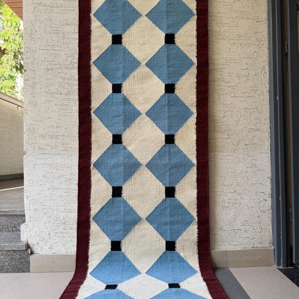 Wool Stairs Runner| Blue and Cream Diamond Runner Rug |Modern Geometric Kilim Runner | Scandinavian Style Hallway , Stair Runner, Bedside