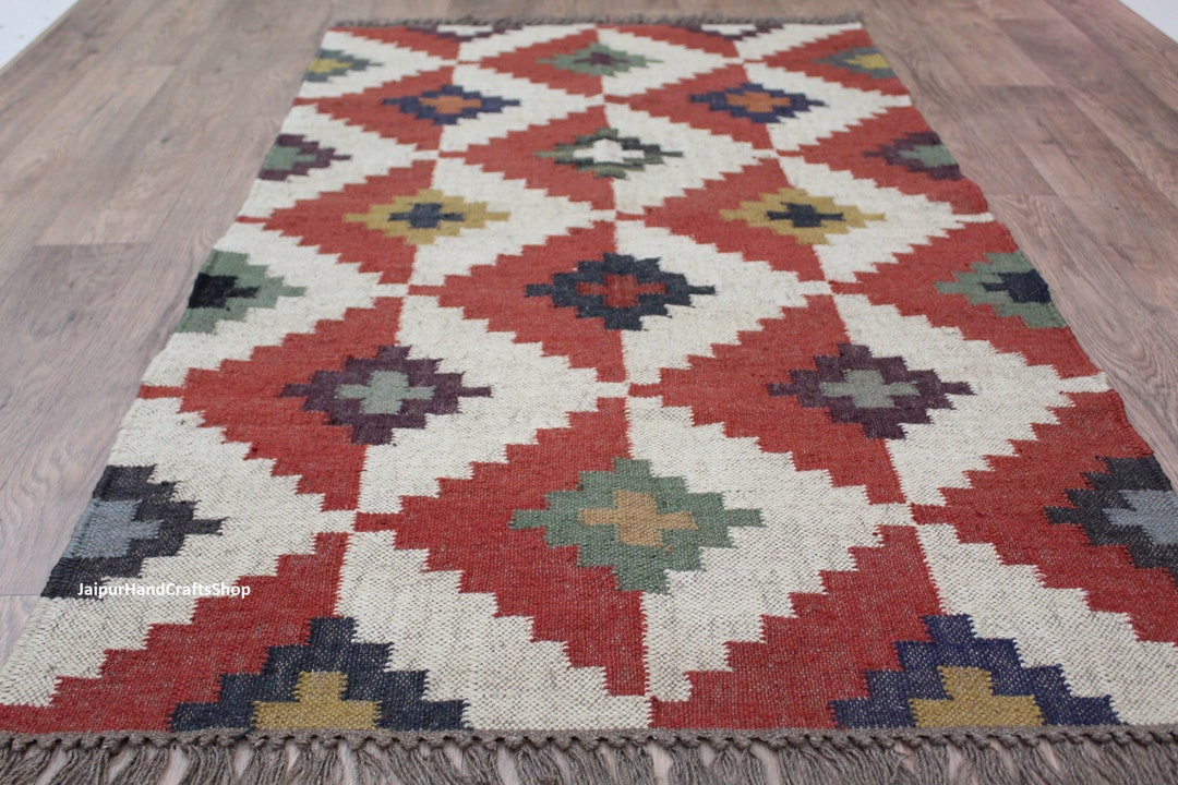 12x15 Ft and Other Sizes Hand Woven Red and White Wool Jute Flatweave