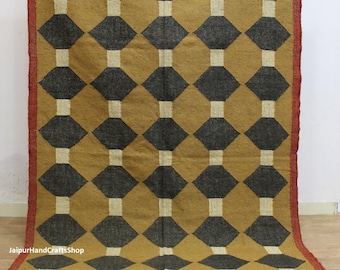 6x9 Feet Handmade Wool Jute Rug, Navajo kilim Rug, Black Gold kilim carpet, Flatweave Wool Dhurrie for Living Room/ Dining room etc.
