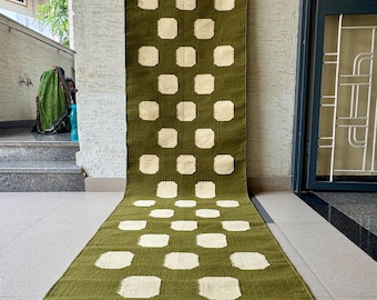 Staircase Runner Rug - Earthy Olive Green Handwoven Wool Kilim Runner, Eco-Friendly, Perfect for Entryway, Hallway, Bedside, Floor Décor